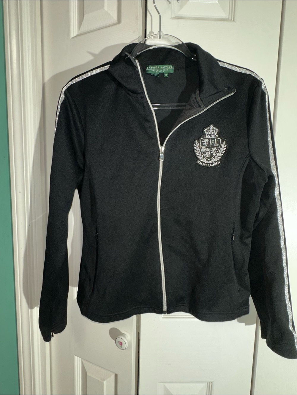 Ralph Lauren Active Track Zip Jacket Petite L Black Metallic Crest Logo  AA25
